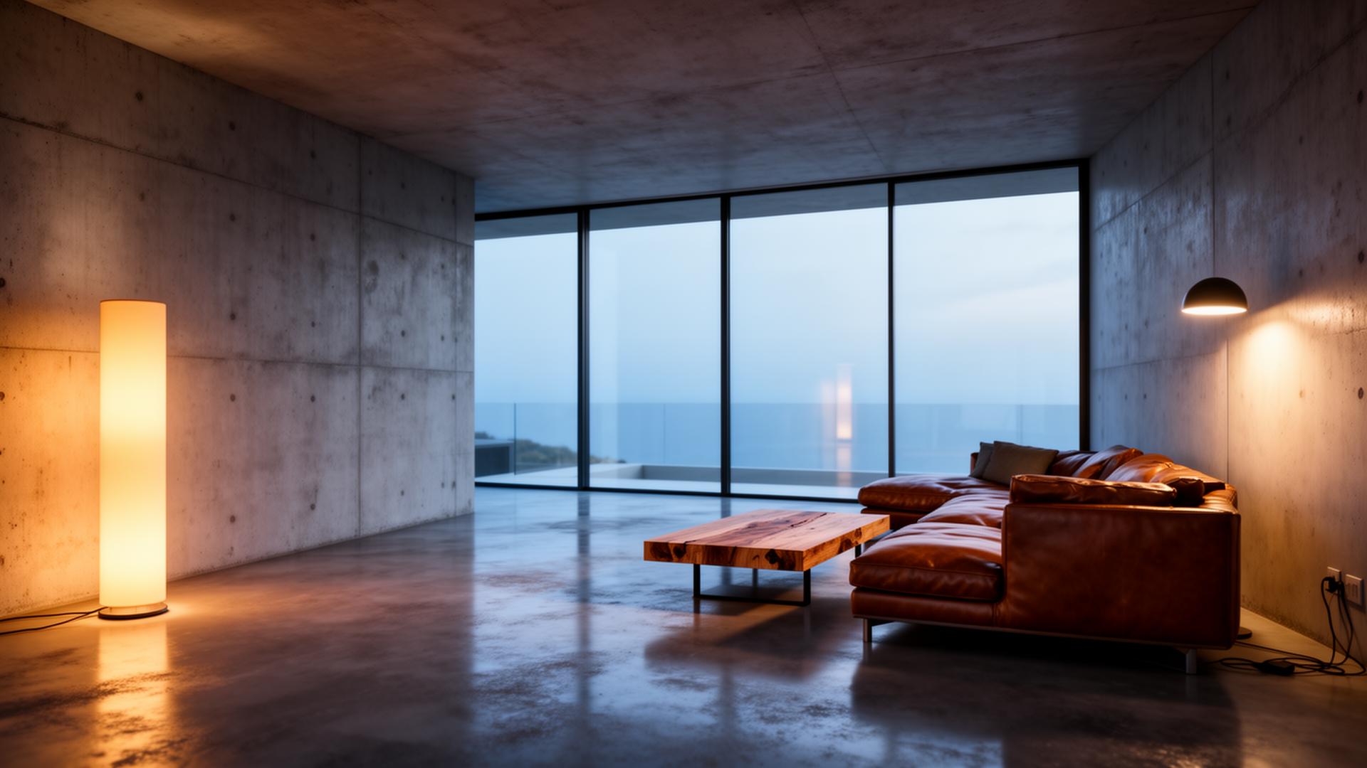 Concrete villa living room rendered with V-Ray at dusk